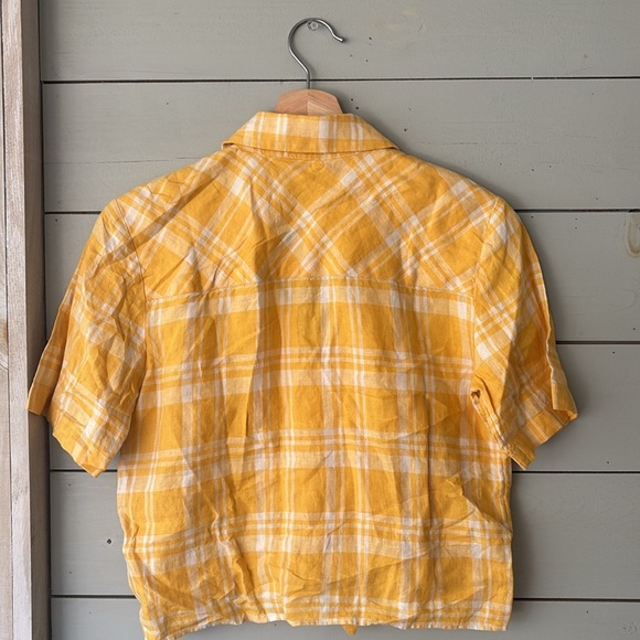 Wilfred Free Yellow Plaid Tie Front Collared Linen Shirt - Picture 5 of 8